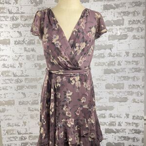 Lauren Ralph Lauren Sz 4 Floral Belted Crinkle Georgette Maxi Dress Purple Tiers